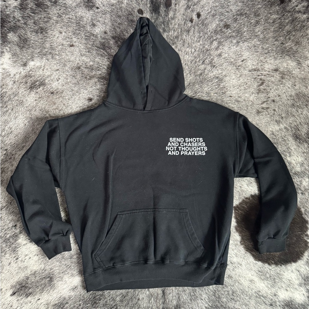 Black Graphic Pullover Hoodie with White Chest Text